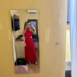 Shona Joy Marquis High Neck Cut Out Midi Dress in Roma Red